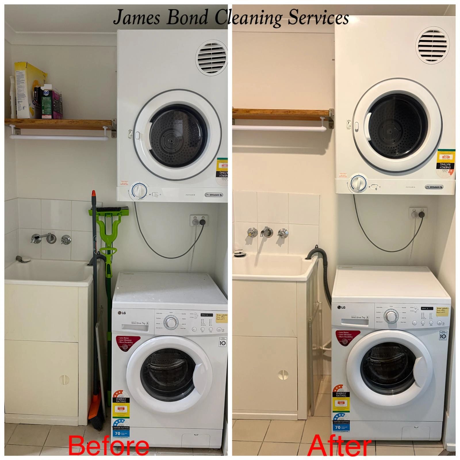Before and after laundry room cleaning by James Bond Cleaning Services