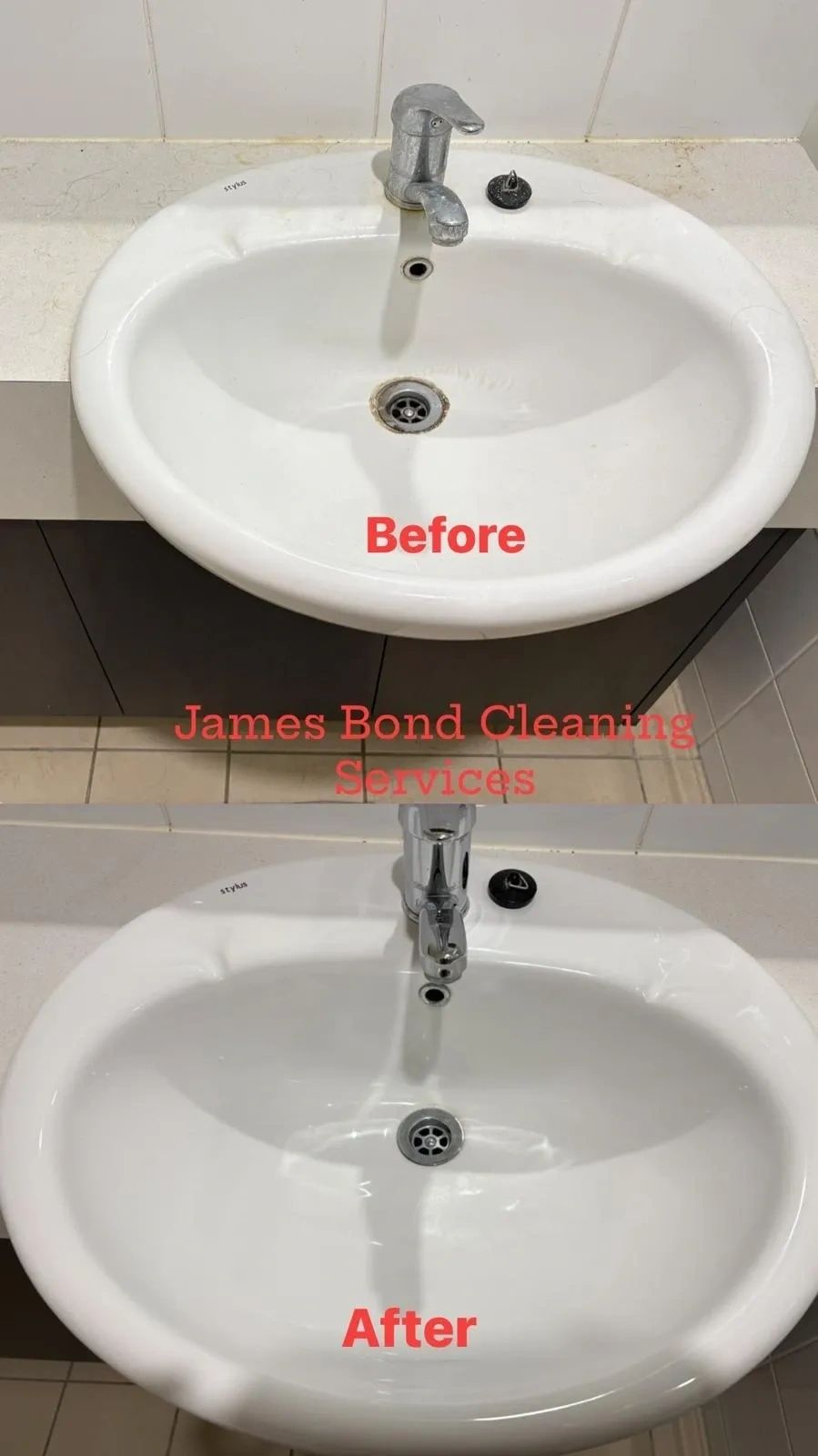 Before and after bathroom sink cleaning by James Bond Cleaning Services